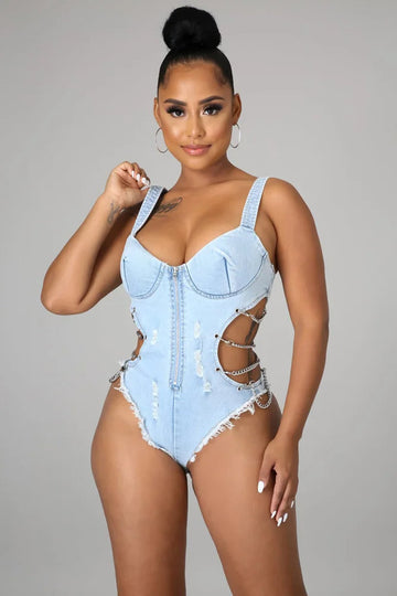 Denim Casual Bodysuit Sexy Women's Spaghetti Strap Bodycon Swimsuit Rompers