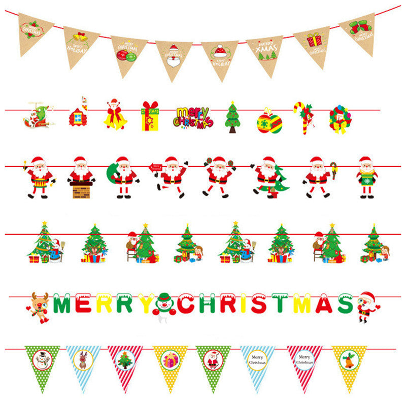 Christmas Decorations Paper Triangle Hanging Flags Festive Supplies with Cartoon Printing 6PCS