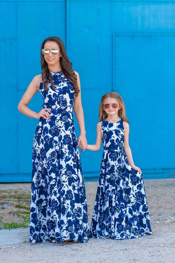 Blue Floral Print Dress For Mommy and me