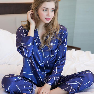 Classic Blue Satin Women Pajama Set