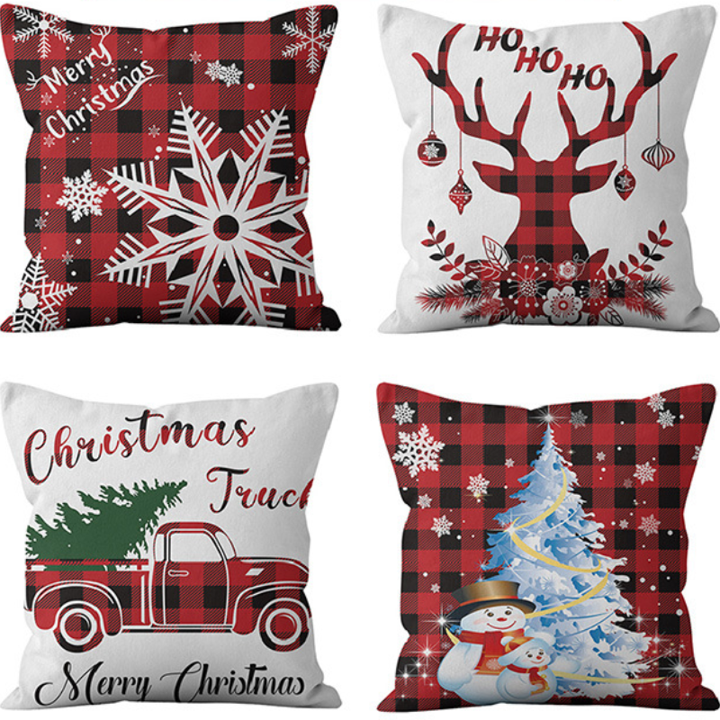 Christmas HO HO HO Antlers Snowflake Tree Snowman Deer Plaid Pillowcase YMD115