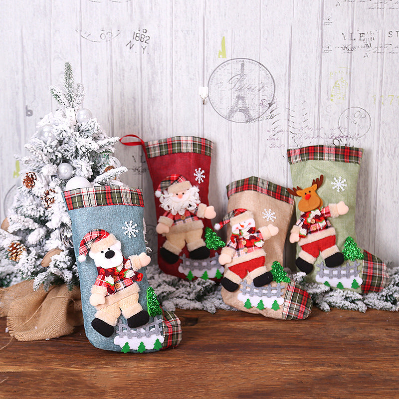 Christmas Decorations Dancing Santa Claus/Snowman/Elk Plaid Linen Christmas Socks