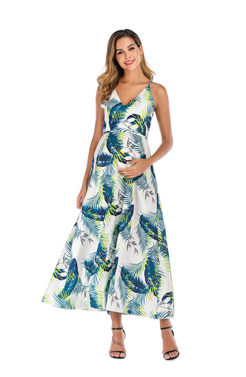 Tropical Plant Print Beach Sling Maternity Maxi Dress