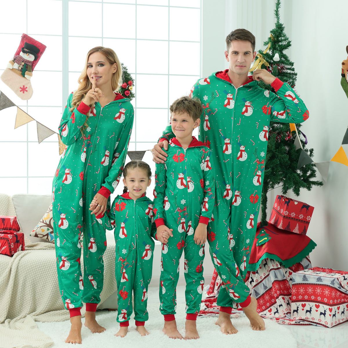 2022 Christmas Family Pajamas Christmas Snowman Print Long-sleeve Green Onesies Pajamas Sets