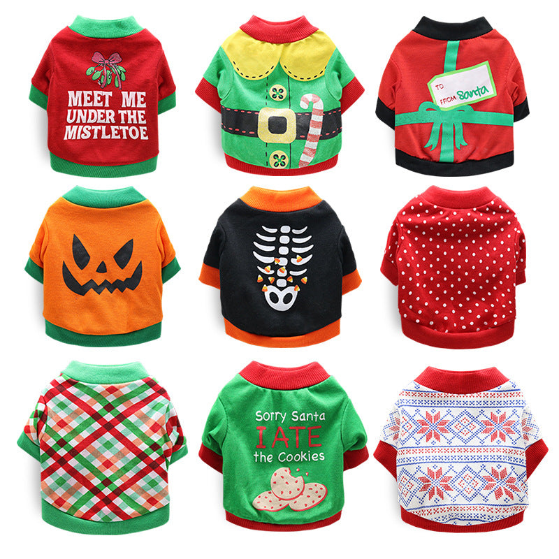 Halloween Christmas Dog Cat Pet Clothes with Letters Soldier Costume Striped Wave Pattern Snowflake Tree Print