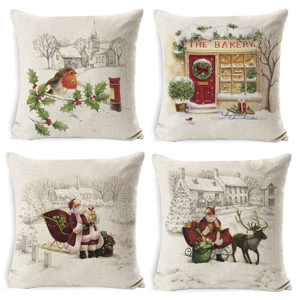 Christmas House Bird Sleigh Santa Claus Gifts Elk Sketch Color Painting Printed Pillowcase BZ030