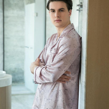 Shawl Collar Trimmed Satin Men Pajama Set