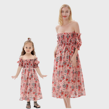 Off-shoulder Floral Print Matching Maxi Dresses for Mommy and Me