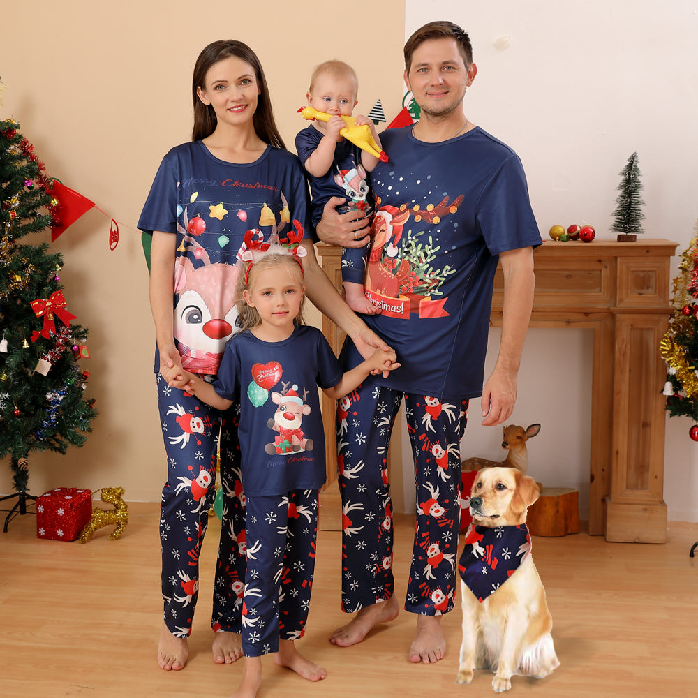 2022 Christmas Matching Family Pajamas Christmas Deer Short Sleeve Christmas Blue Pajamas Set