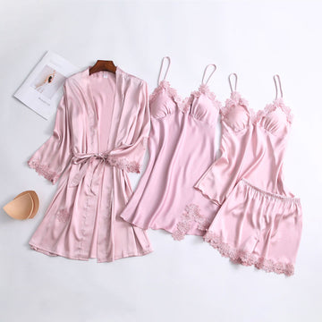 Women Ice Silk Pajamas 4-Piece Set with Chest Pad A041213