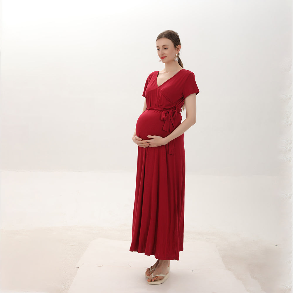 Short Sleeve Belted A-line Maternity Maxi Dress