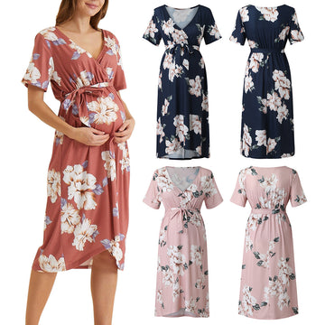 Women Floral Print Short Sleeve Maternity Lace Up Dress M806