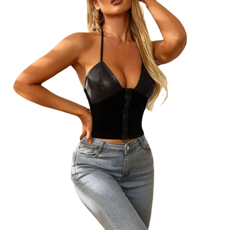 Women Solid Color Deep V Neck Halter Crop Top with Straps for Party 7725