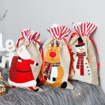 Christmas Decorations 3D Elk Santa Snowman Embroidered Linen Handbag Children's Gift/Candy Bag 3PCS