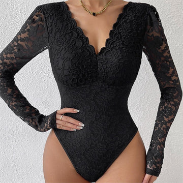 Lace Floral Sheer Deep V-Neck Backless Unique Design Long Sleeve Bodysuit