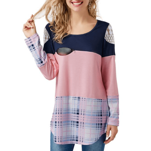 Plaid stitching lace maternity long sleeves