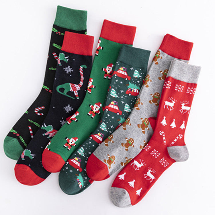 Christmas Plus Size Colorful Cotton Men's Socks 6 Pairs