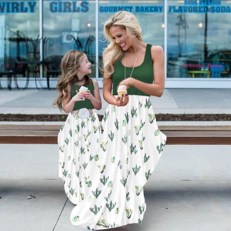 Cactus Print splicing Sleeveless Mommy and Me Maxi Dress (3568679452756)