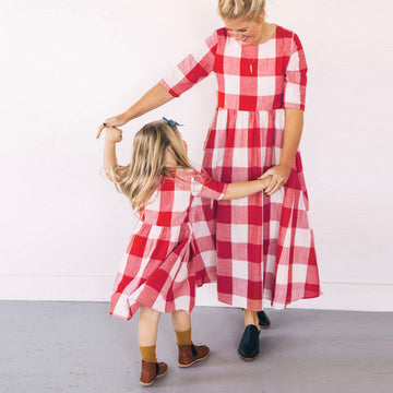 Summer Plaid Print Dress for Mother and Daughter
