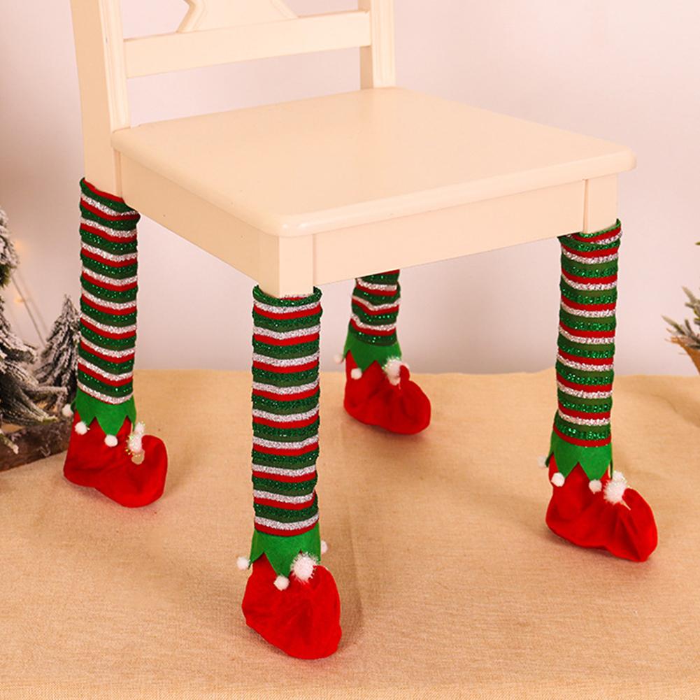 Christmas Decor Elf Red Green Striped Dining Table Leg Chair Foot Protective Cover