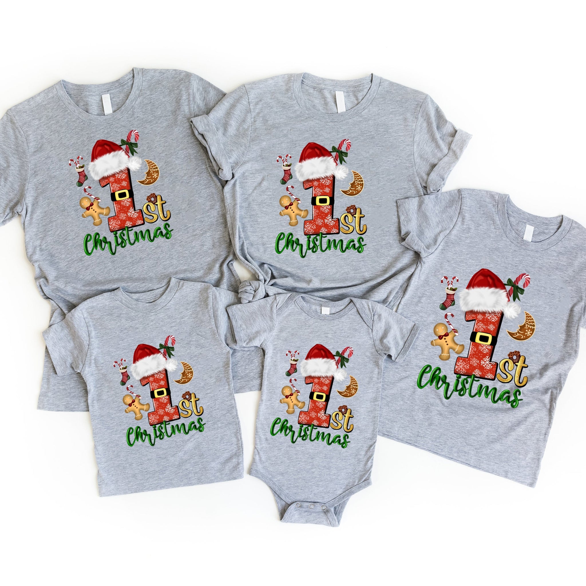 Christmas Elements Patterned and '1st Christmas' Letter Print Patterned Gray Color Casual Short Sleeve T-shirts  Family Matching Tops With Dog Bandana