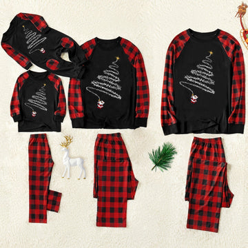 Christmas Santa Claus Print Patterned Casual Long Sleeve Sweatshirts Contrast Black Top and Black & Red Plaid Pants Family Matching Pajamas Set With Pet Bandana