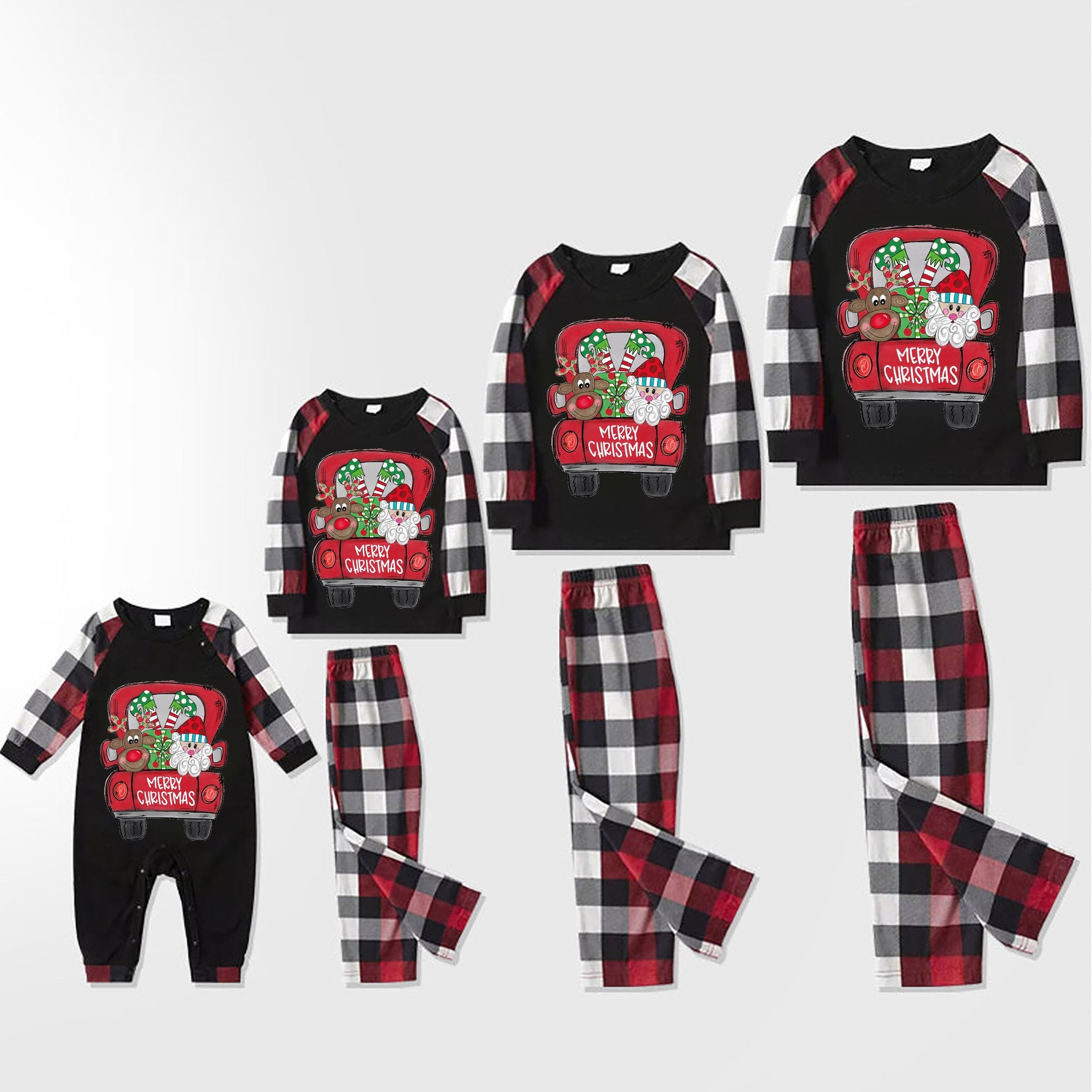 Christmas Cute Cartoon Santa Christmas Gift Truck Patterned and 'MERRY CHRISTMAS  ' Letter Print Contrast Tops and Red & Black & White Plaid Pants Family Matching Pajamas Set With Dog Bandana