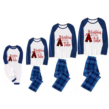 Family Christmas Shirts Christmas Tree Buffalo Plaid Patterned and 'Christmas WITH MY Tribe ' Letter Print Grey Casual Long Sleeve Sweatshirts Contrast Blue & White Top and Black and Blue Plaid Pants Family Matching Pajamas Sets