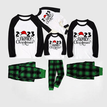 Christmas Cute Cartoon Santa Hat Patterned and '2023 FAMILY Christmas ' Letter Print Casual Long Sleeve Sweatshirts Black Contrast Top and Black and Gren Plaid Pants Family Matching Pajamas Sets