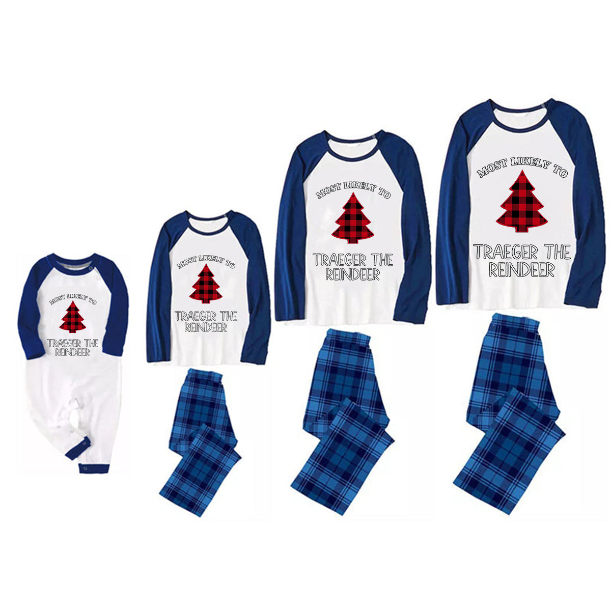 Family Christmas Shirts Christmas Tree Buffalo Plaid Patterned and 'MOST LIKELY TO TRAEGER THE REINDEER ' Letter Print Grey Casual Long Sleeve Sweatshirts Contrast Blue & White Top and Black and Blue Plaid Pants Family Matching Pajamas Sets