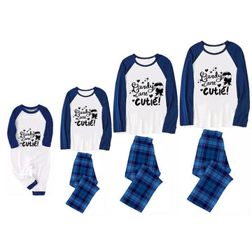 Christmas Cute Cartoon Patterned and 'Candy can cutie‘ Letter Print Casual Long Sleeve Sweatshirts Contrast Blue & White Top and Black and Blue Plaid Pants Family Matching Pajamas Sets