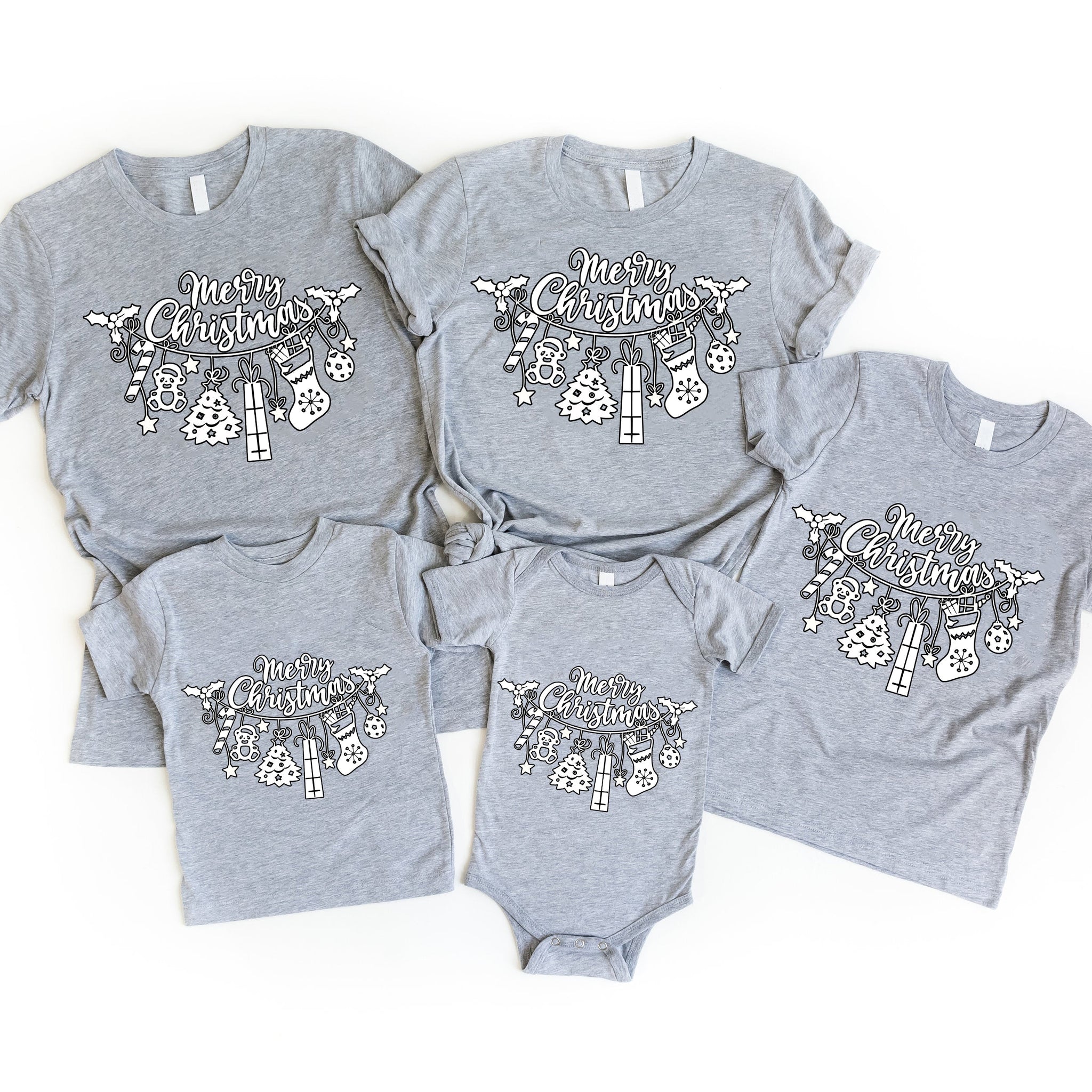 A Bunch Of Christmas Presents Patterned and 'Merry Christmas' Letter Print Patterned Gray Color Casual Short Sleeve T-shirts  Family Matching Tops With Dog Bandana