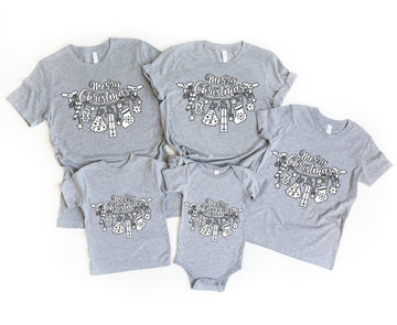 A Bunch Of Christmas Presents Patterned and 'Merry Christmas' Letter Print Patterned Gray Color Casual Short Sleeve T-shirts  Family Matching Tops With Dog Bandana