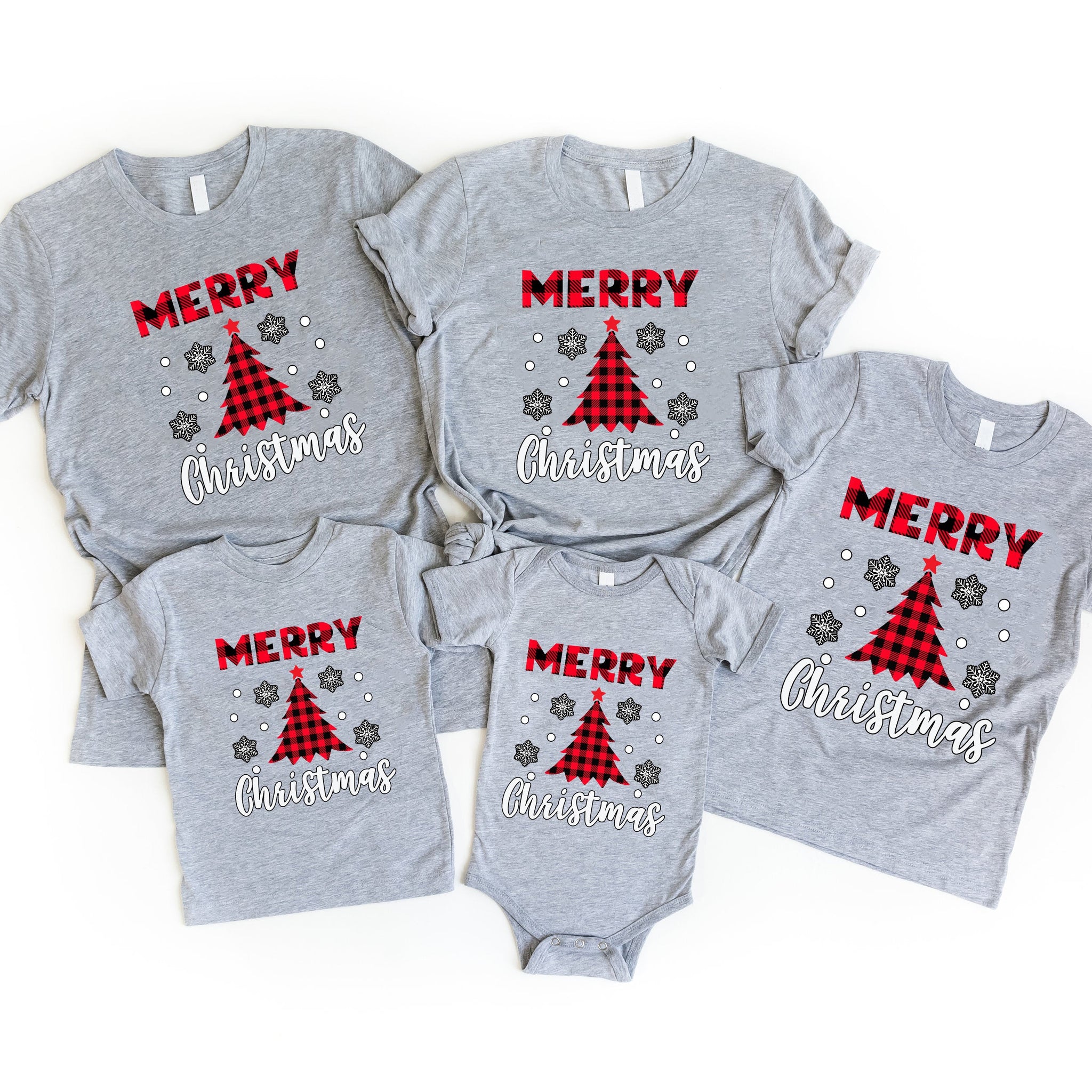 Red Christmas Tree Snowflake And 'Merry Christmas' Letter Print Patterned Gray Color Casual Short Sleeve T-shirts  Family Matching Tops With Dog Bandana