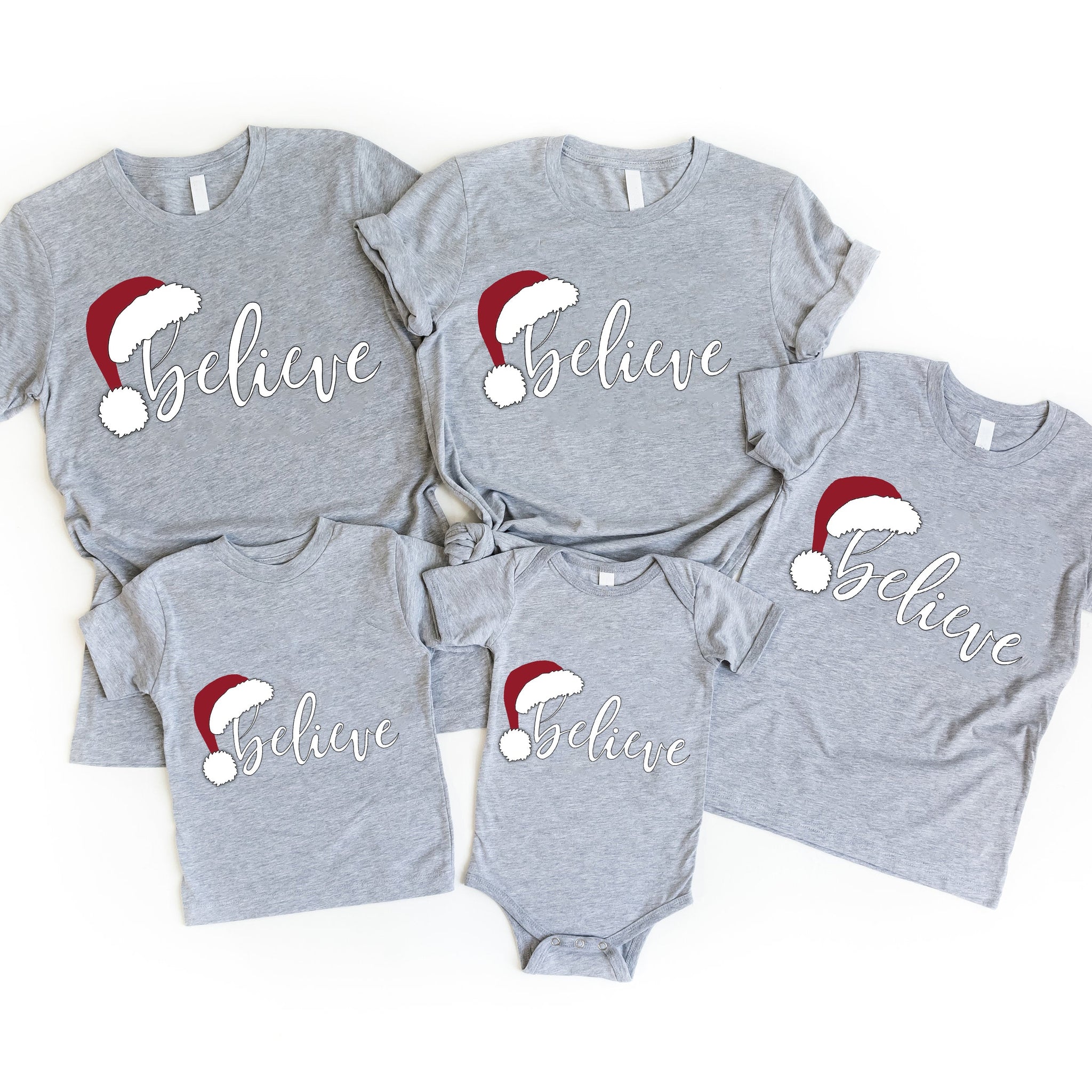 "BELIEVE" Letter Pattern Family Christmas Matching Pajamas Tops Cute Gray Short Sleeve T-shirt With Dog Bandana