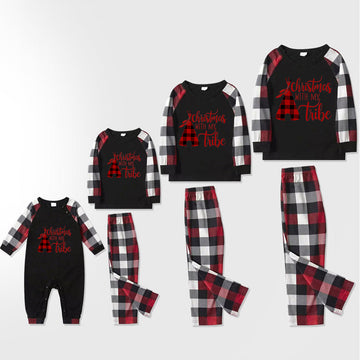 Family Christmas Shirts Christmas Tree Buffalo Plaid Patterned and 'Christmas WITH MY Tribe ' Letter Print Contrast Tops and Red & Black & White Plaid Pants Family Matching Pajamas Set With Dog Bandana