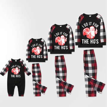 Christmas Cute Cartoon Santa and 'I DO IT FOR THE HO'S  ‘ Letter Print Contrast Tops and Red & Black & White Plaid Pants Family Matching Pajamas Set With Dog Bandana