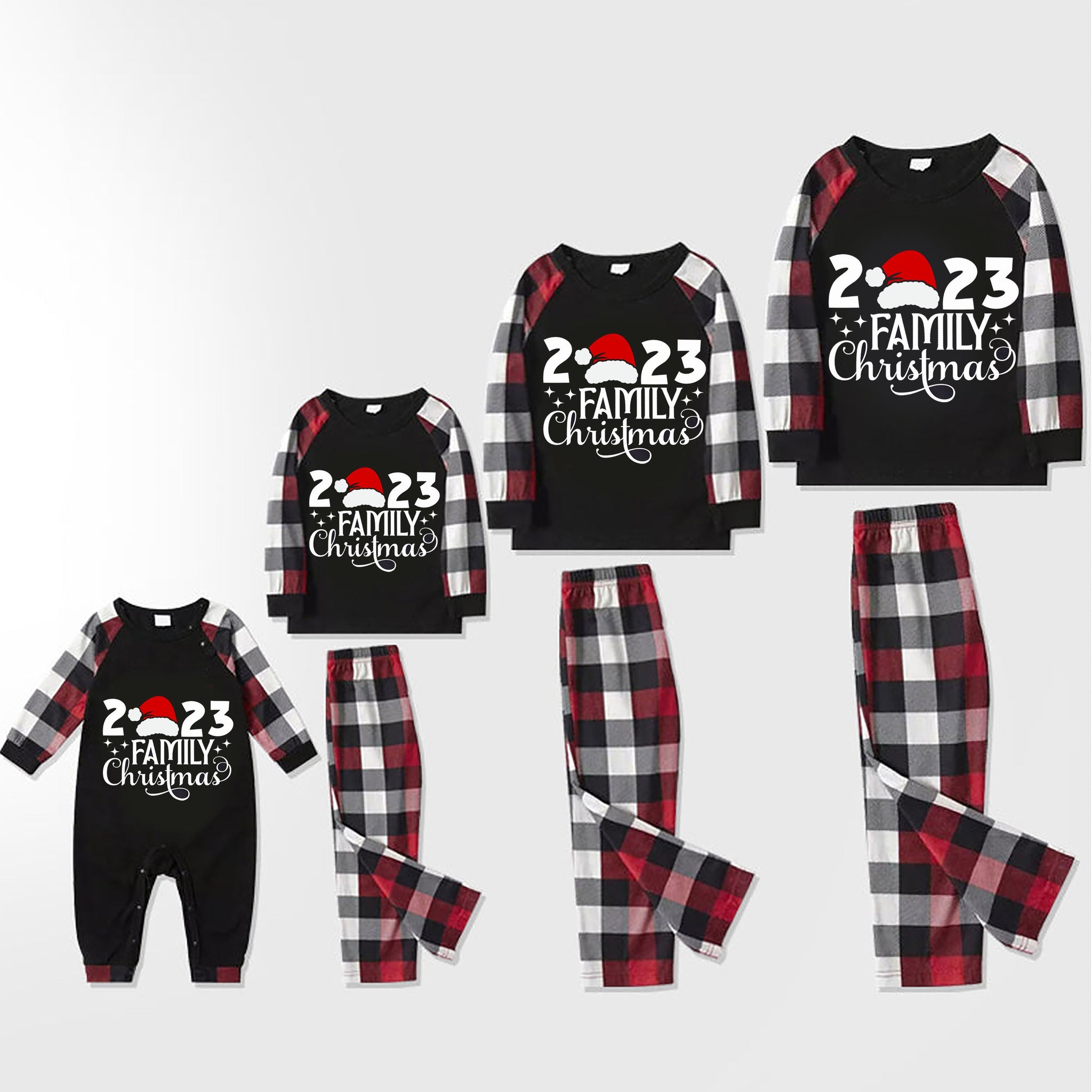 Christmas Cute Cartoon Santa Hat Patterned and '2023 FAMILY Christmas ' Letter Print Contrast Tops and Red & Black & White Plaid Pants Family Matching Pajamas Set With Dog Bandana
