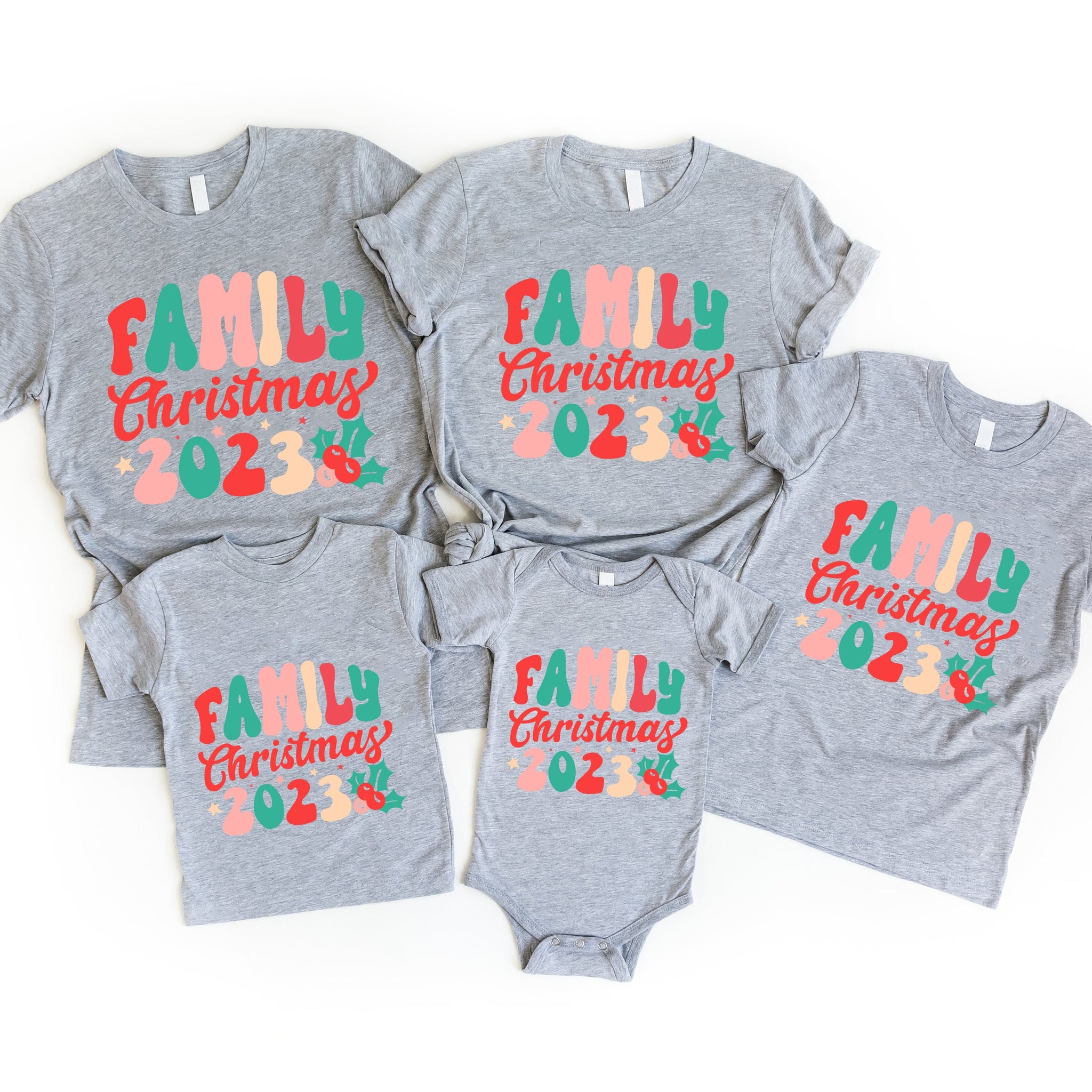 "FAMILY Chirstmas 2023"Colorful Letter Pattern Family Christmas Matching Pajamas Tops Cute Gray Short Sleeve T-shirt With Dog Bandana