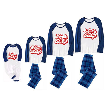 Christmas Cute Cartoon Patterned and 'Ganta Body ‘ Letter Print Casual Long Sleeve Sweatshirts Contrast Blue & White Top and Black and Blue Plaid Pants Family Matching Pajamas Sets