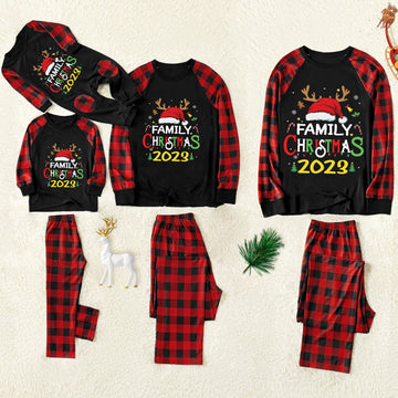 Family Christmas Shirts Santa Hat Christmas Deer Patterned and 'FAMILY CHRISTMAS 2023  ' Letter Print Contrast Black top and Black & Red Plaid Pants Family Matching Pajamas Set