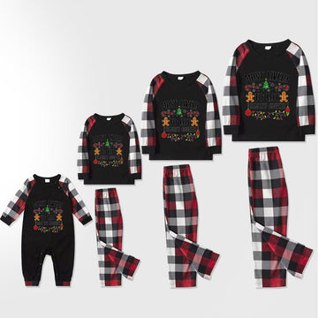 Family Christmas Shirts Christmas Cute Cartoon Christmas Tree and ''Most Likely to BE SWEET AS SUGAR COOKIES '' Letter Print  Contrast Tops and Red & Black & White Plaid Pants Family Matching Pajamas Set With Dog Bandana