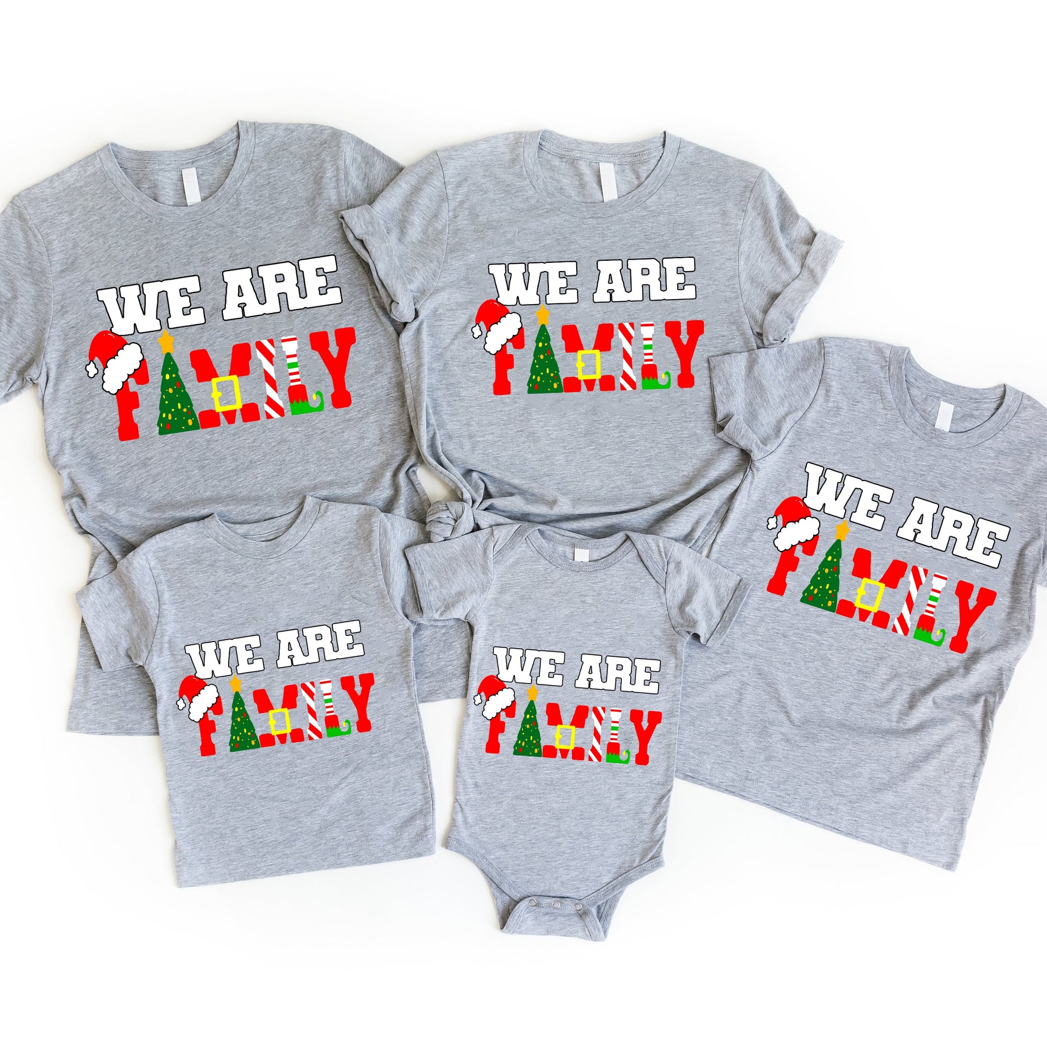 'We Are Family' Colorful Letter Pattern Family Christmas Matching Pajamas Tops Cute Gray Short Sleeve T-shirts With Dog Bandana