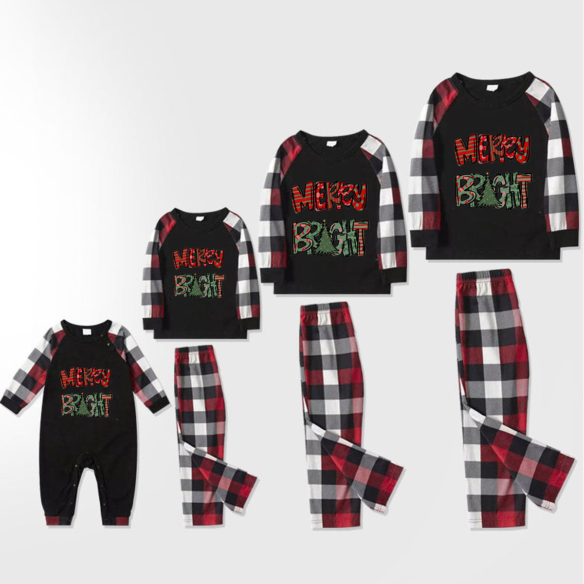 Christmas Cute Cartoon Christmas Tree and 'MERRY BRIGHT' Letter Print Contrast Tops and Red & Black & White Plaid Pants Family Matching Pajamas Set With Dog Bandana