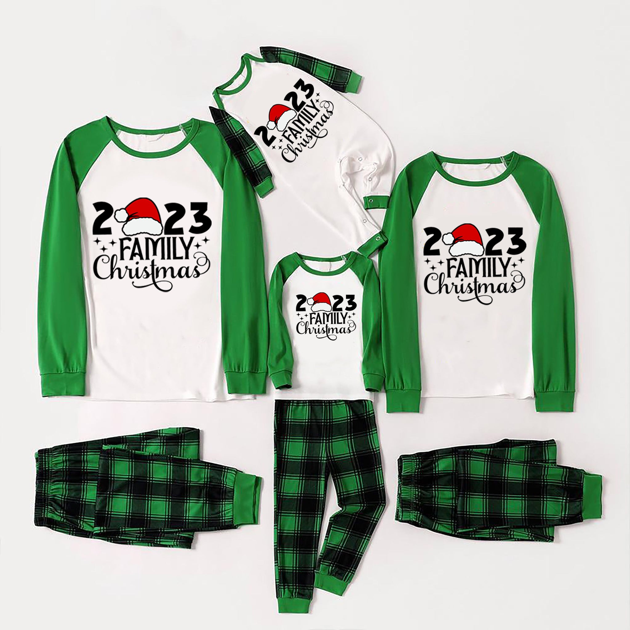 Christmas Cute Cartoon Santa Hat Patterned and '2023 FAMILY Christmas ' Letter Print Contrast Tops and Black and Gren Plaid Pants  Family Matching Raglan Long-sleeve Pajamas Sets