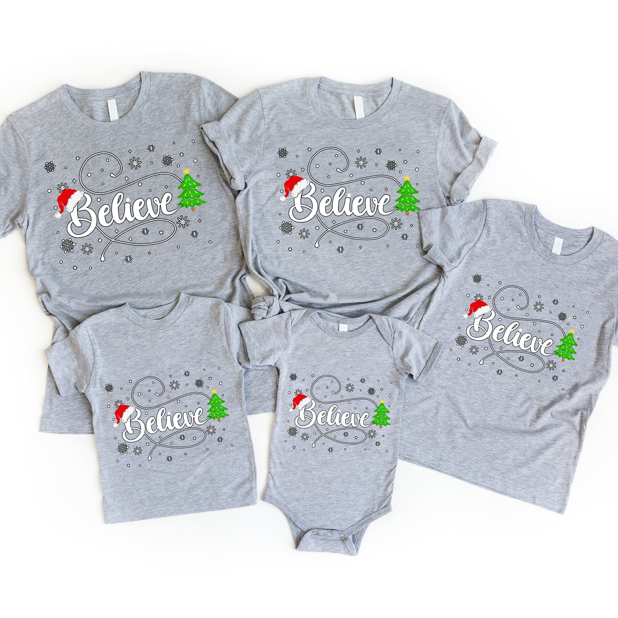 'Believe' White Letter Pattern Family Christmas Matching Pajamas Tops Cute Gray Short Sleeve T-shirts With Dog Bandana