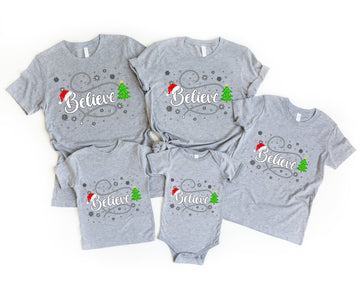 'Believe' White Letter Pattern Family Christmas Matching Pajamas Tops Cute Gray Short Sleeve T-shirts With Dog Bandana