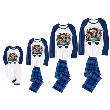 Christmas Cute Cartoon Car Highland Cow Farm Animals Heifers Christmas Cow Patterned and 'Merry Christmas‘ Letter Print Casual Long Sleeve Sweatshirts Contrast Blue & White Top and Black and Blue Plaid Pants Family Matching Pajamas Sets