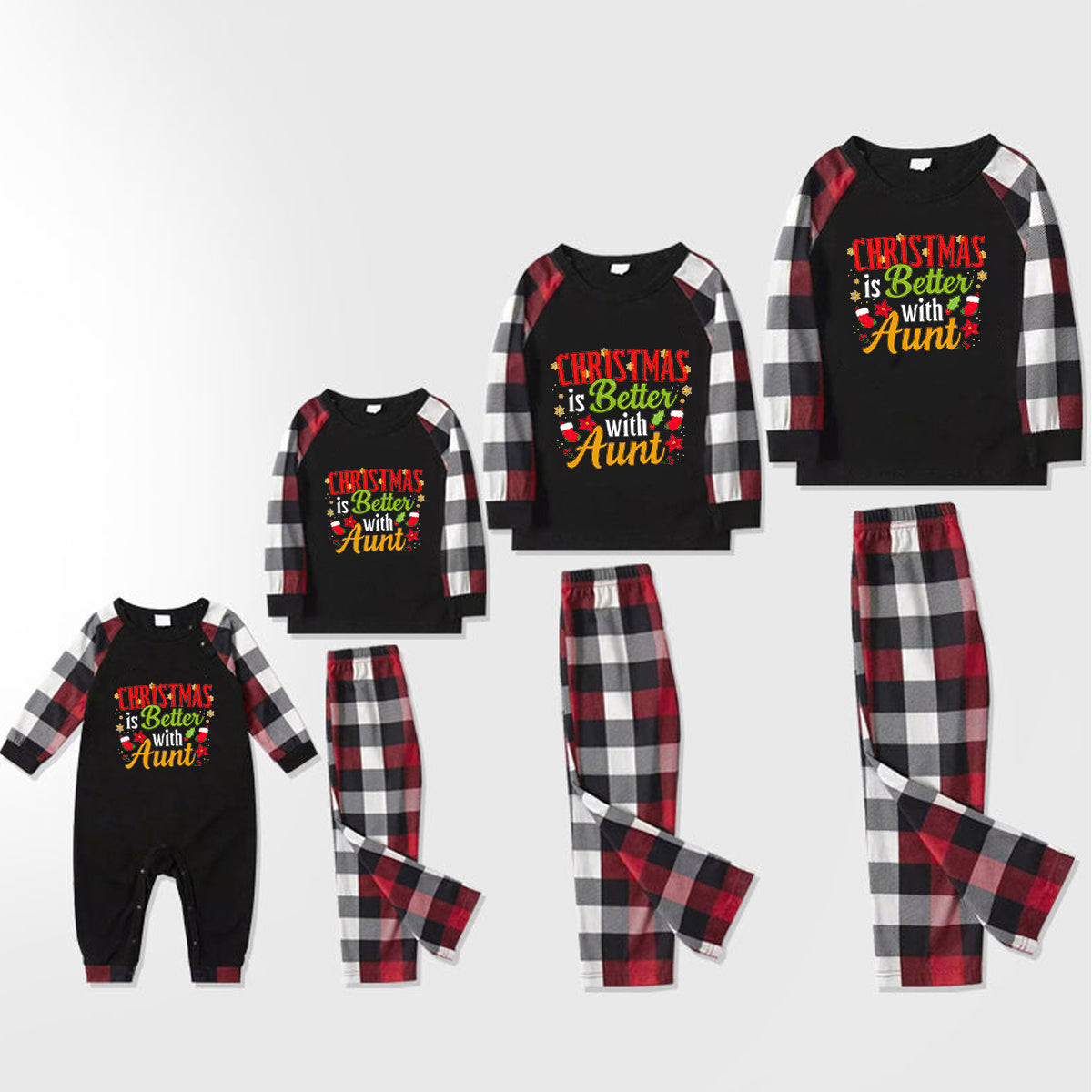Christmas Cute Cartoon Patterned and 'CHRISTMAS Is Better With Aunt‘ Letter Print Contrast Tops and Red & Black & White Plaid Pants Family Matching Pajamas Set With Dog Bandana