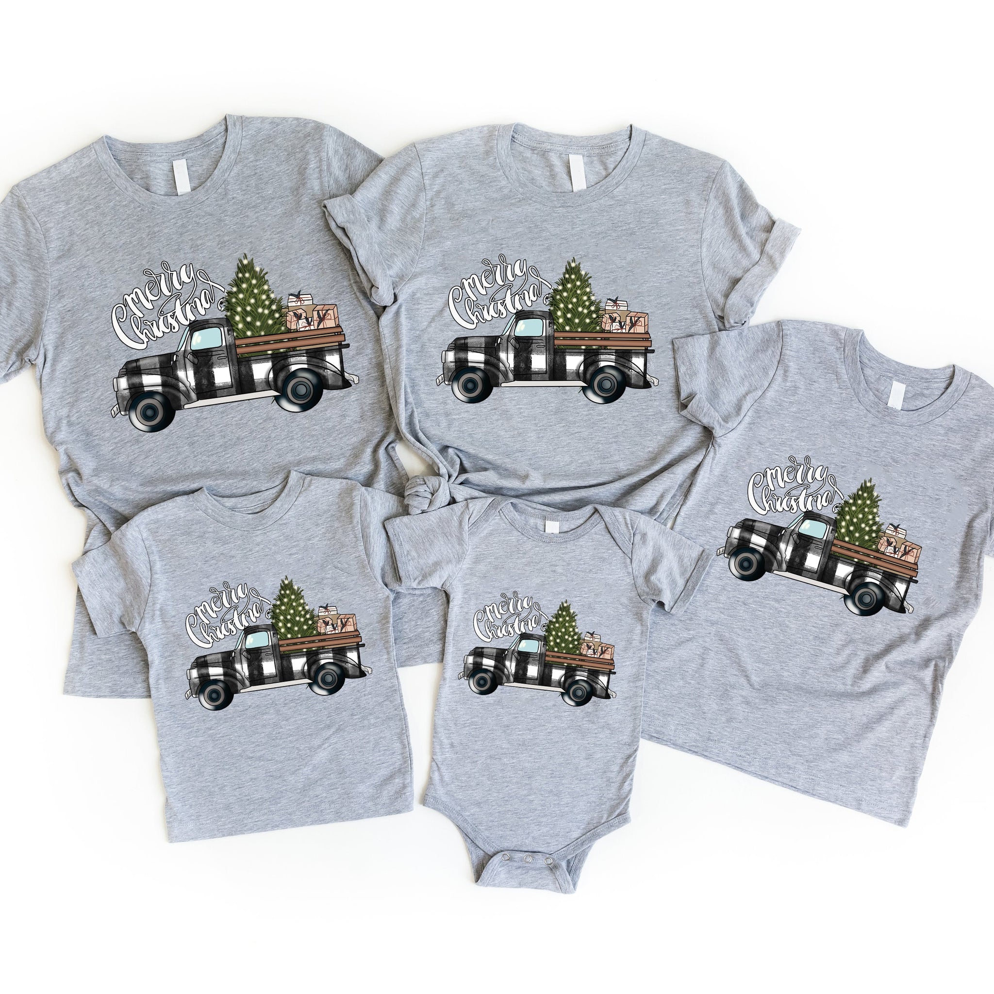 'Merry Chirstmas' White Letter Pattern and ' A Car Of Gift' Pattern Family Christmas Matching Pajamas Tops Cute Gray Short Sleeve T-shirts With Dog Bandana